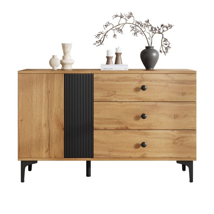 Buffet bas - Rayures verticales - 120 x 35 x 76 cm - Noir et naturel - Pieds métal