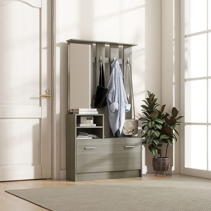 Set de meubles dentrée gris avec portemanteau miroir banc avec étagère et meuble à chaussures 8 paires