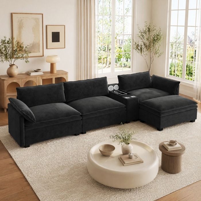 ROVRYN Canapé modulaire d’angle 4 places 315 cm en chenille noire avec ottoman console recharge sans fil