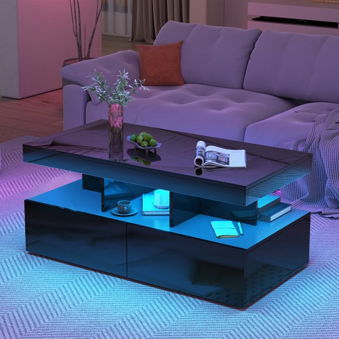Table basse avec Lumières LED - Table dappoint salon avec 2 tiroirs - Haute Brillance Moderne - 104x53x46cm - Noir