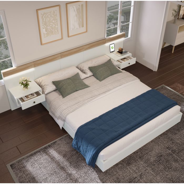 VEVXYN Lit double 180x200 cm 2 chevets LED ports USB Type C et prise EU blanc et décor bois Sonoma sans matelas