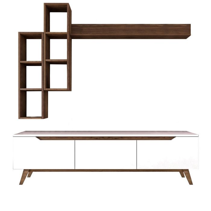 Meuble TV Banc TV en Bois MDF blanc et noyer - L 180 × P 35 × H 48 6 cm - Style scandinave