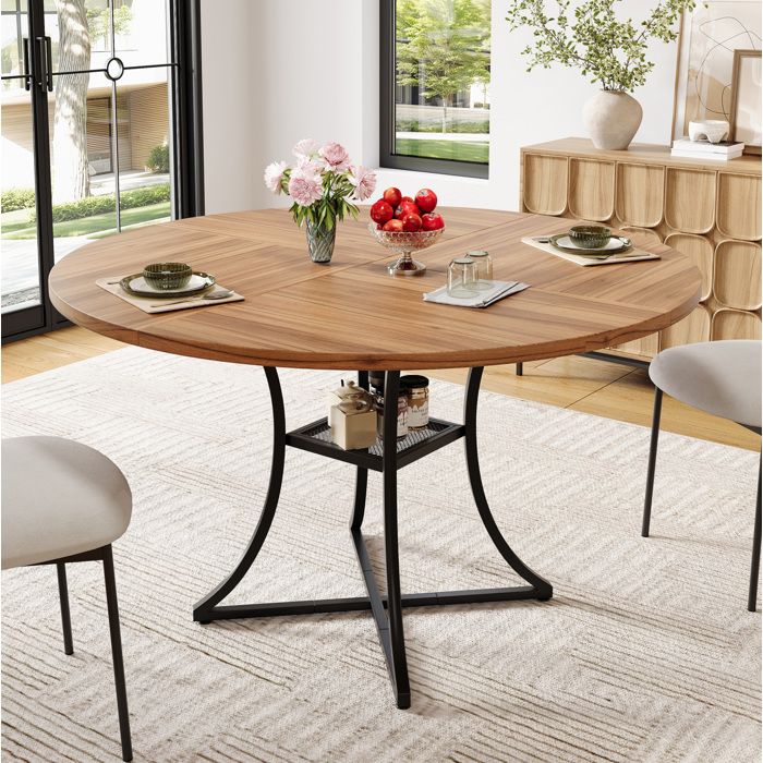 Table ronde Walnut+black 100 x 100 x 75 cm 4 à 6 personnes plateau MDF aspect noyer métal noir étagère