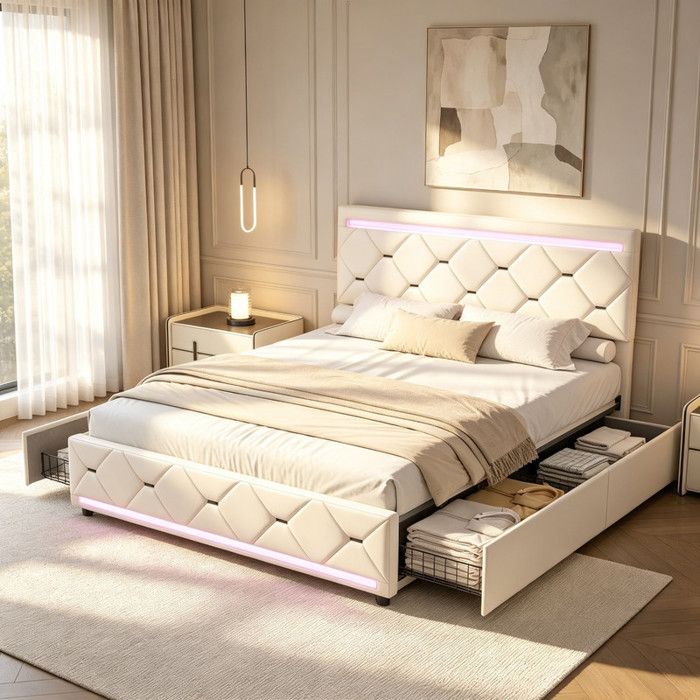 Lit Double 140x190 cm avec 4 Tiroirs et LED Lit Capitonné avec Prises USB et Type-C Tête de Lit Rembourrée Velours Beige