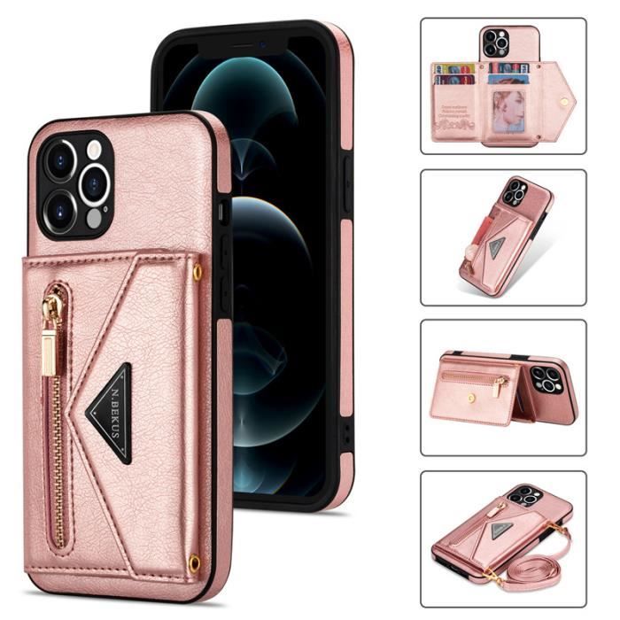 Coque Portefeuille En Cuir Synthétique Avec Fermeture éclair Pour IPhone 15, 14, 13, 12, 11... | Multifonction