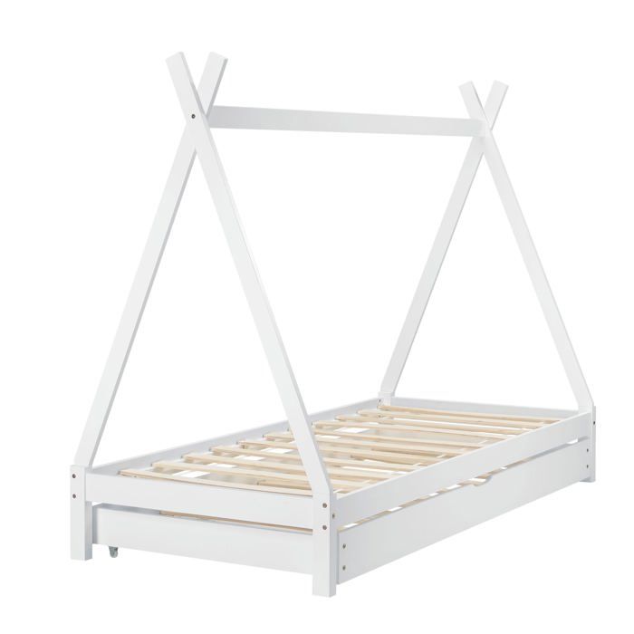 lit tipi gigogne pour enfant avec 2 couchages lit d'appoint en bois de pin blanc avec soier à lattes 90 par 200