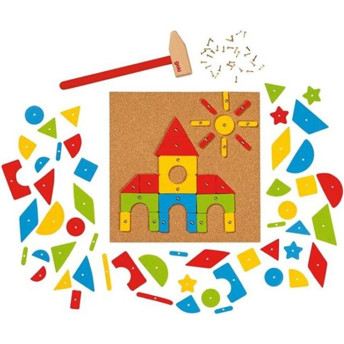 jeu de construction - goki - marteau et set de clous - bois - enfant - rouge - multicolore