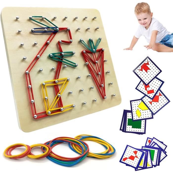 Jouet Montessori Géoboard en Bois Puzzle avec Cartes de Motifs et Rubber Band,8x8Épingles