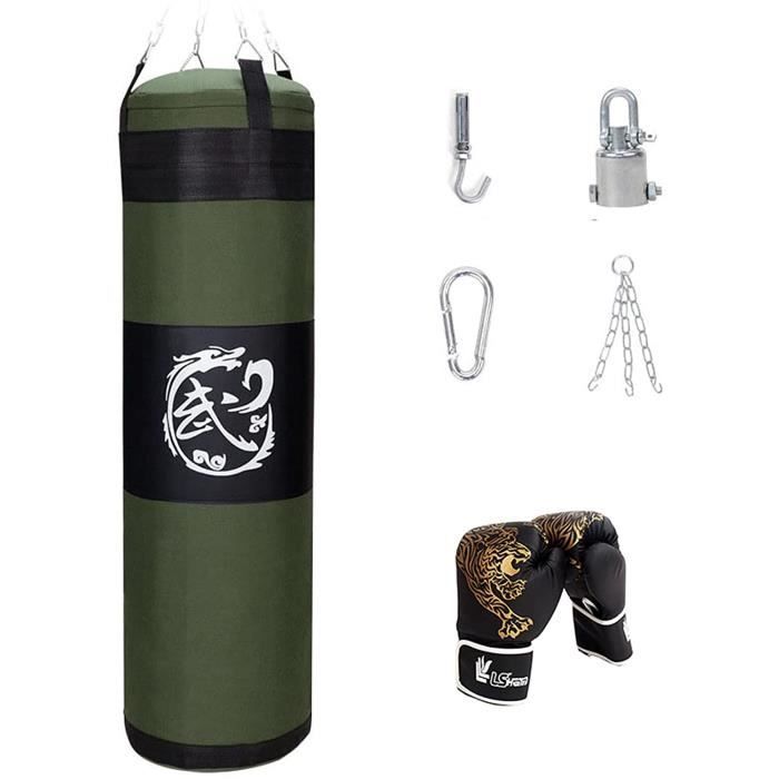 Sac de boxe rempli avec gants noir rouge 30x120 cm 16 kg pour
