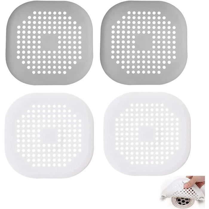 Lot De 4 Protections De Drain En Silicone - Filtre à Cheveux Pour évier Cuisine Et Salle De Bain - Ventouses, Dimensions 14x14 Cm, Blanc Et Gris