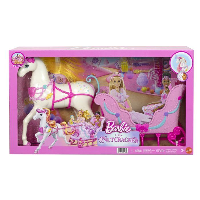 Accessoire pour poupée - Barbie - Traîneau et Cheval Casse-Noisette - Attelage 2 places - Dès 3 ans