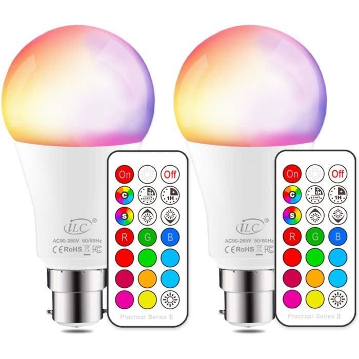 Télécommande Compris Lot de 2 iLC Ampoule Led Couleur Changement de couleur Ampoule 10W Baïonnette B22 RGBW Dimmable LED Ampoules 12 choix de couleur 