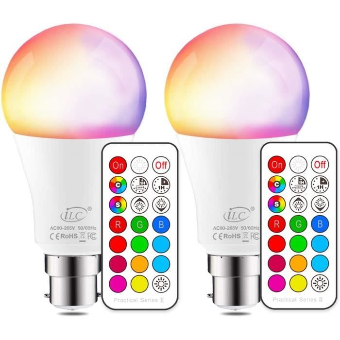 Ampoule LED RGBW 10W B22 - Changement De Couleur Télécommandé, Dimmable, 12 Couleurs + Blanc