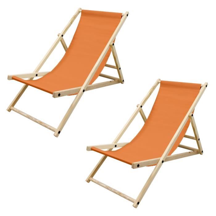 ecd germany lot de 2 chaise longue en bois de pin - orange - pliable - 120 kg - réglable à 3 positions - bain de soleil