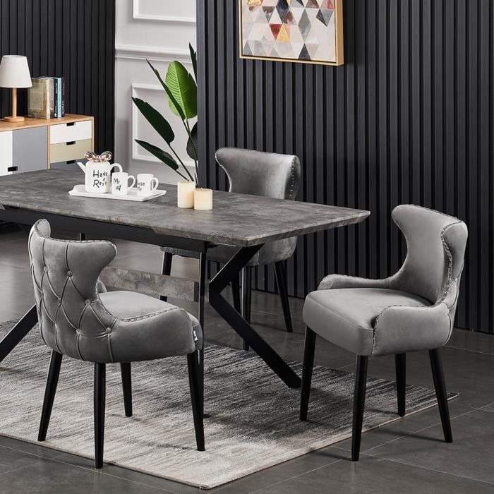ensemble table a manger grise noire extensible aspect marbre 4 chaises en velours cloutees gris fonce style design classique cdiscount maison