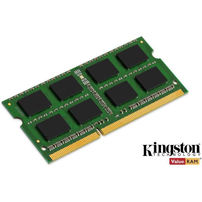 La mémoire PC portable Kingston ValueRAM SO-DIMM DDR3 de 4 Go (1x4Go) fonctionne à une vitesse de 1600MHz (PC-12800) avec un temps de latence de CAS11. Elle est non-ECC, unbuffered et possède une tension de 1.5V. Elle est garantie à vie.