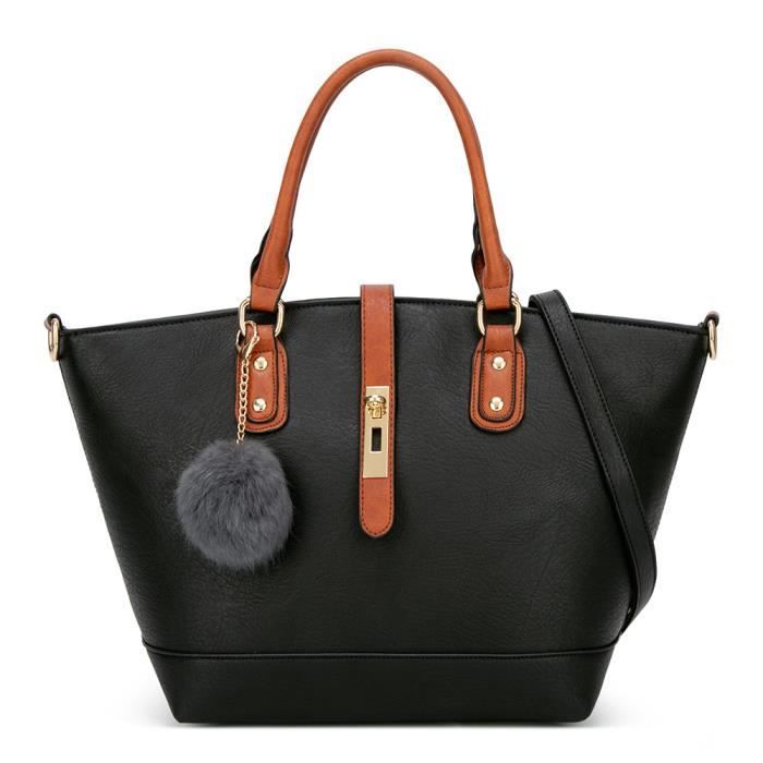 Femme Sac Cabas Grand Sac ?� Main fourre-Tout en Cuir PU Sac ?� bandouli?�re Mode Noir NOIR 