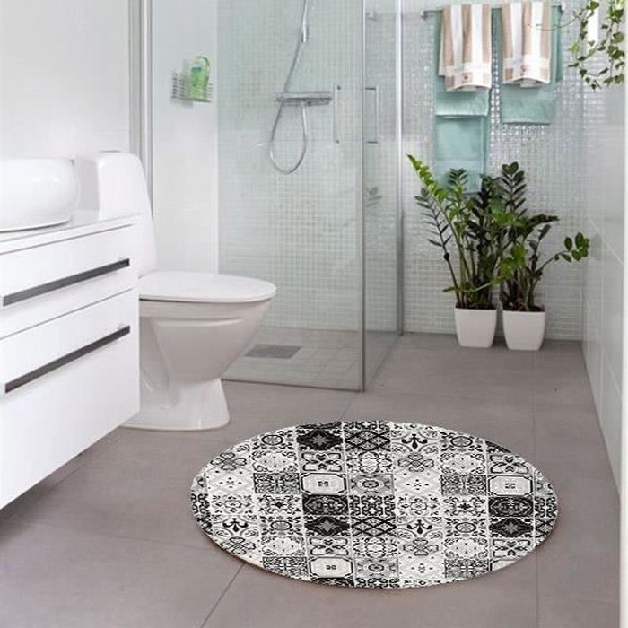 Tapis Rond Motifs Carreaux De Ciment Noir Diam 70cm Toodoo