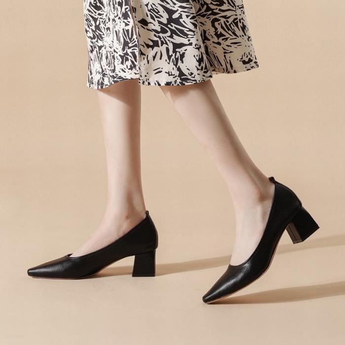 Escarpins Femme Cuir Véritable Talon Carré Épais Noir