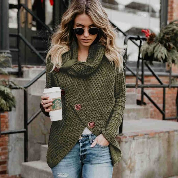 Pull Femme Chaud Tricote Asymetrique Col Benitier Lache a Manches Longues LEOCLOTHO Vert militaire Boutons