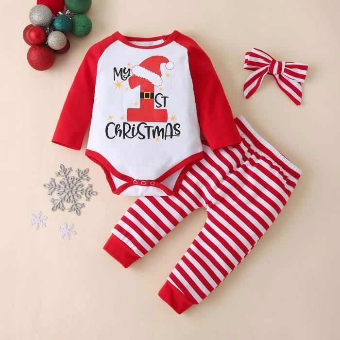 Ranrann Costume Lutin De Noël Bébé – Barboteuse + Pantalon Rayé + Chapeau – 0-12 Mois – Coton/Polyester