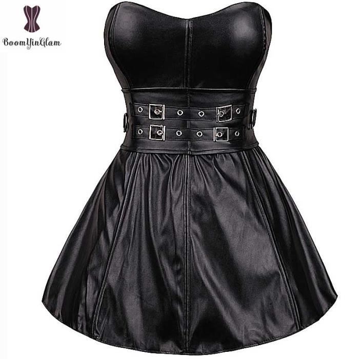 Bustier femme Robe Corset en Faux cuir sans bretelles noire