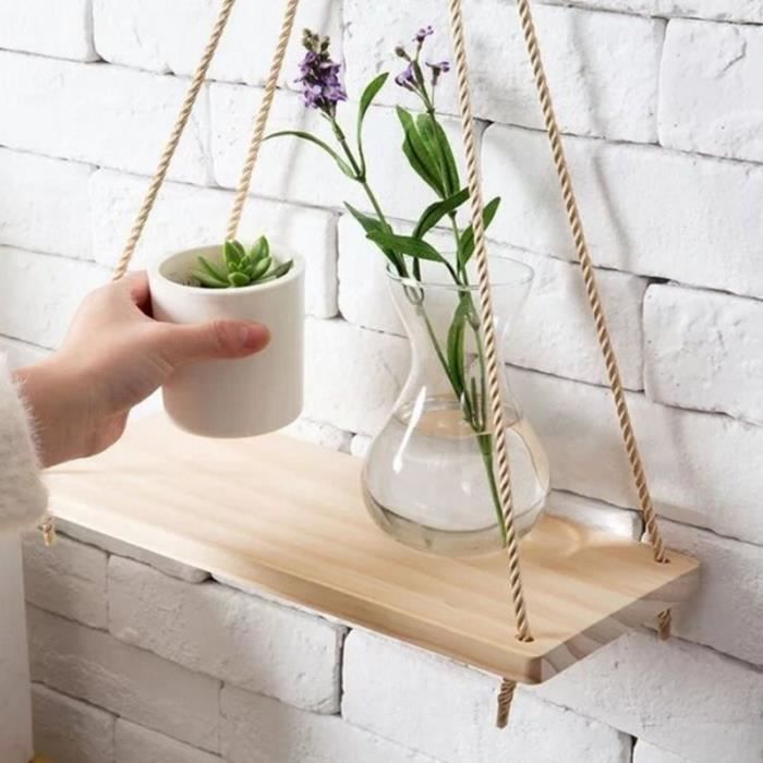 Neufu étagère Suspendue En Bois Avec Corde Tablette Murale Pot De Fleurs En Bois Pour Décor De Cuisine Chambre Salon Bureau S