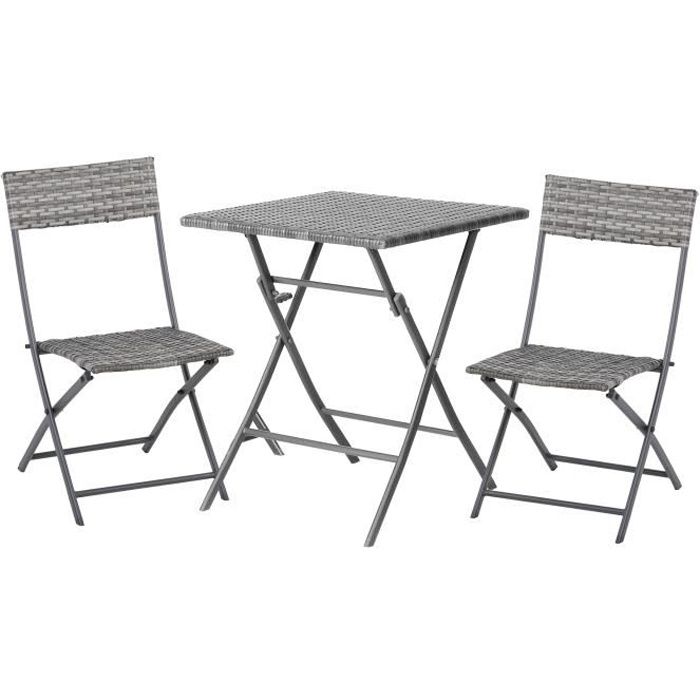 Ensemble meubles de jardin design table carré et chaises pliables résine tressée imitation rotin gris 60x60x72cm Gris