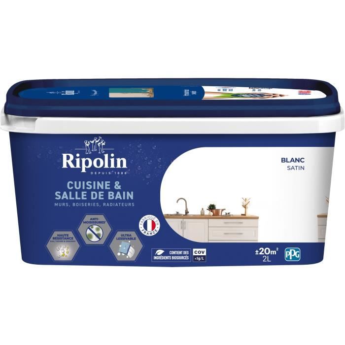 Peinture murs boiseries plafonds radiateurs - RIPOLIN - Cuisine et bain - 2 L - Blanc