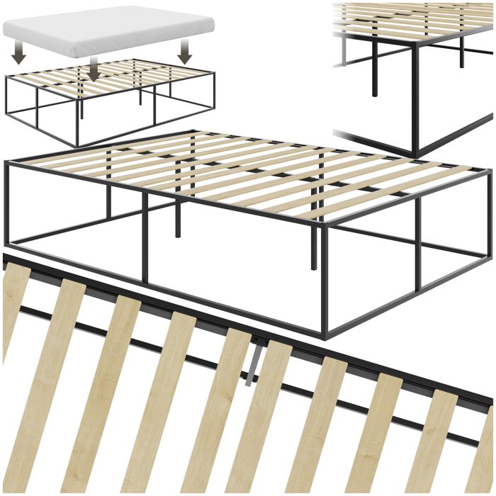 Lit - TECTAKE - Cadre de lit en acier KYOTO avec sommier à lattes en bois de peuplier - 200 x 140 x 465 cm