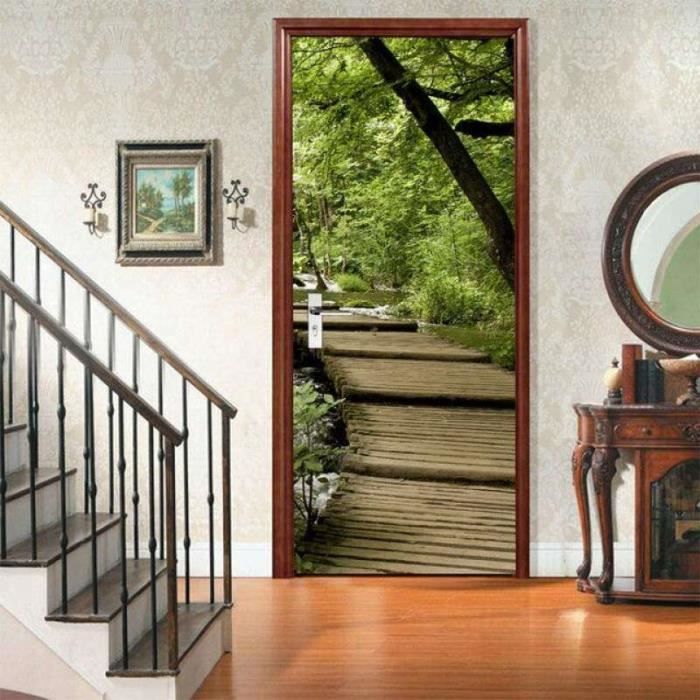 Autocollant Mural 3D Forêt Verte - 77x200cm, Amovible, Pour Porte Ou Mur Lisse, Effet Paysage Immersif - 10