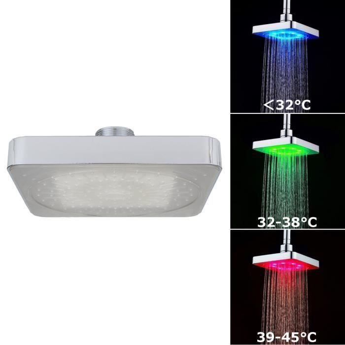 Pommeau De Douche LED Carré Chesoon – Lumière Température 3 Couleurs, Haute Pression, Sans Pile Pour Salle De Bain