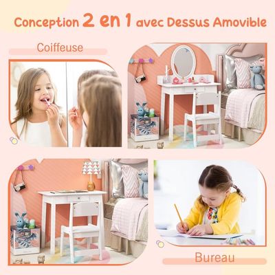 Coiffeuse Enfant Fille Avec Lumière LED Bicolore - Table De Maquillage Et Bureau Avec Chaise, Tiroir, Miroir - 3-8 Ans