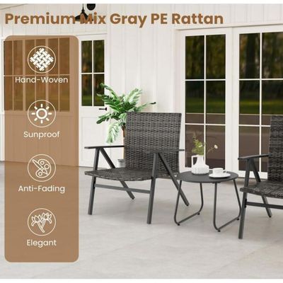 LIFEZEAL Salon De Jardin 3 Pièces Rotin PE Gris – 2 Fauteuils + Table Verre Trempé, Coussins Déhoussables Lavables, Charge 180 Kg