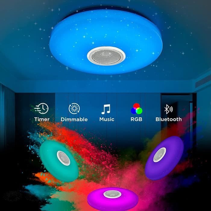 Plafonnier LED RGB dimmable multicouleur 36W Diam.30cm Bluetooth avec haut  parleur