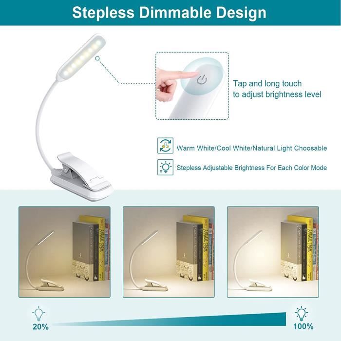 Lampe De Lecture Pince USB-C Rechargeable - 9 LEDs, 3 Températures De Couleur, Flexible à 360°
