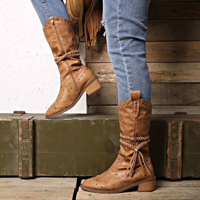 Bottes VITATA à bout pointu et talon épais clouté pour femme