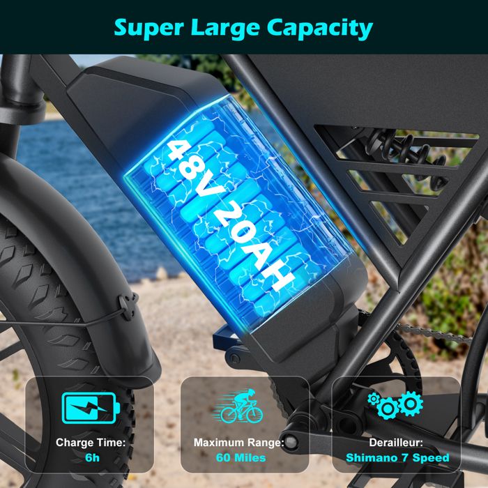 Vélo électrique 1000W-48V 20AH-50KM/H-Fat bike tout terrain 20 ...