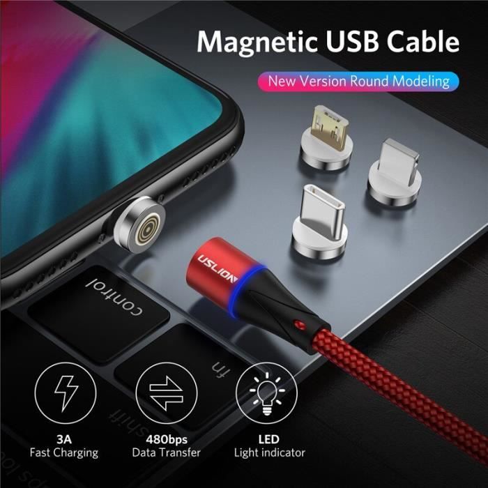 USLION câble USB magnétique pour iPhone 14 13 Xiaomi Samsung Type C câble LED Charge rapide Charge de données câble Micro USB cordon fil  202192403