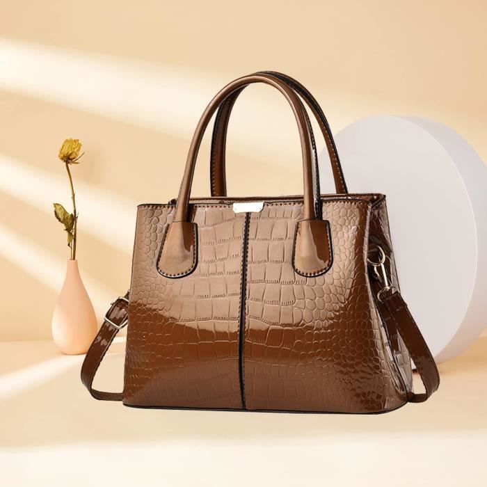 Sac à Main Femme NICOLE & DORIS En Cuir Verni Croco - Sac Porté Main Ou Bandoulière, Élégant Et Spacieux (Brun)