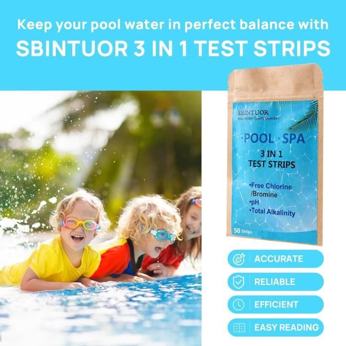 Bandelettes Test Piscine 5 En 1 - 50 Tests Pour PH, Chlore, Alcalinité, Dureté - Résultats En 15s