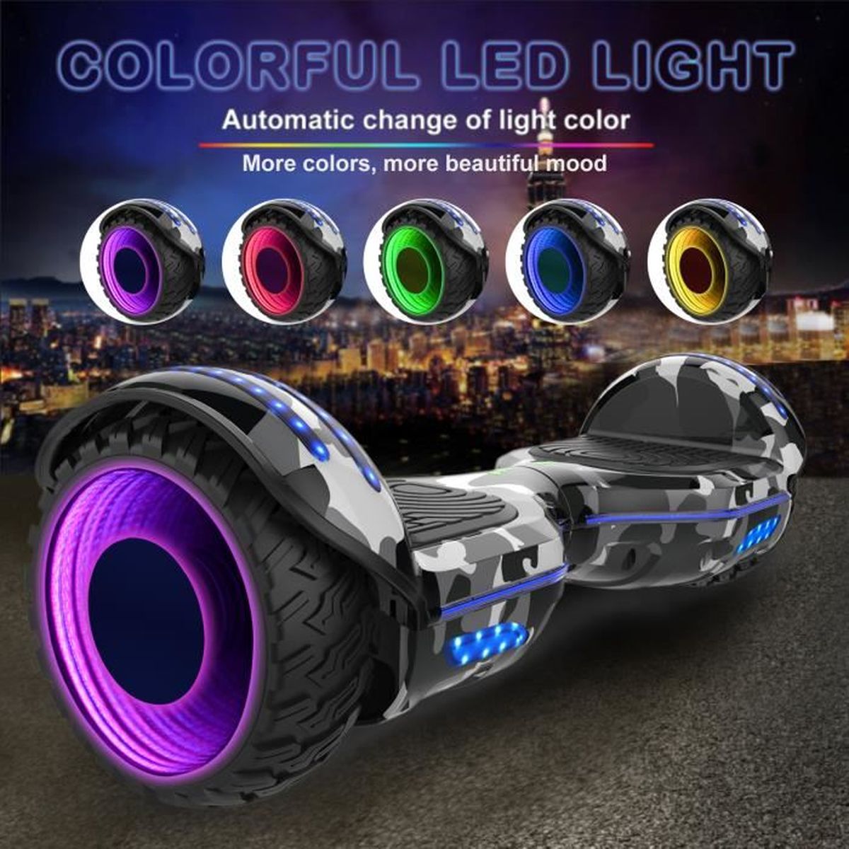 Scooter Electrique Moteur 700W Tout-Terrain Hoverkart COLORWAY Overboard Hover Scooter Board Gyropode Bluetooth SUV 6.5 Pouces Self-Balance Board avec Roues LED Flash 