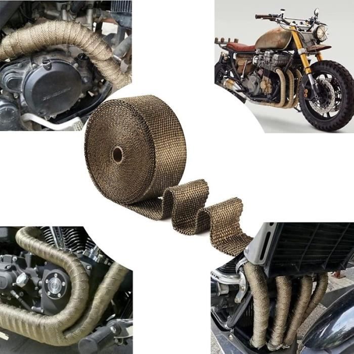 Isolation Tuyau Échappement Moto - Fibre De Basalte Titane 10m X 5cm - Avec 10 Bandes Acier Inox - Résiste à 800°C - Pour Motos, Voitures, Tuyauterie
