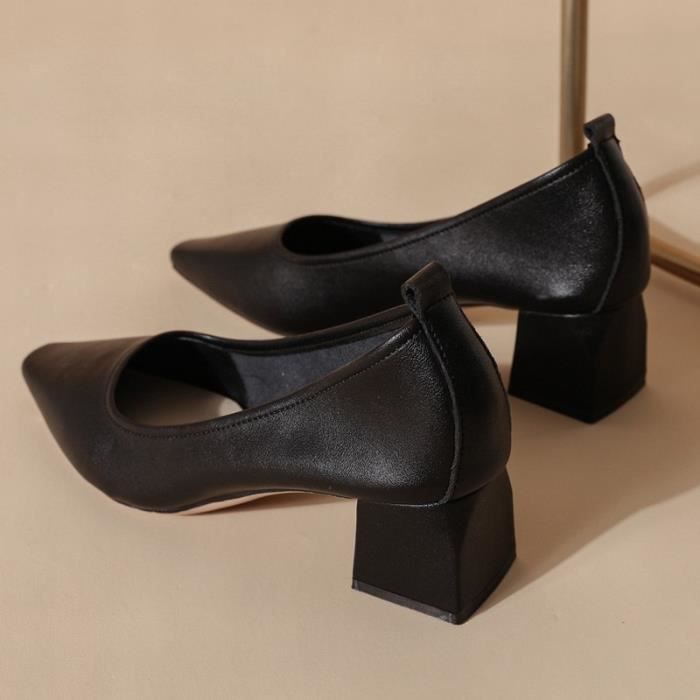 Escarpins Femme Cuir Véritable Talon Carré Épais Noir