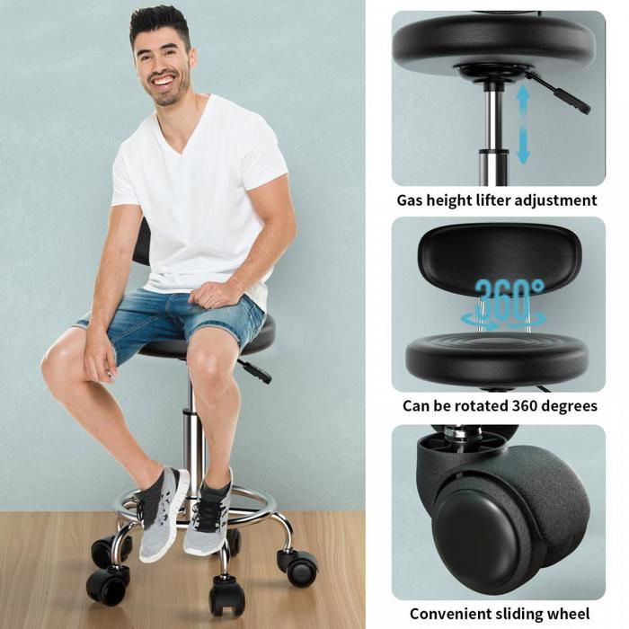 CLP Tabouret De Travail Teramo Similicuir Noir – Chaise Pivotante Réglable En Hauteur Avec Roulettes