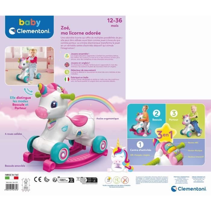 Licorne à Bascule électronique Clementoni – 2 En 1, Parle Français Et Anglais, Crinière éducative, Capteur De Caresse, Pour 12-36 Mois