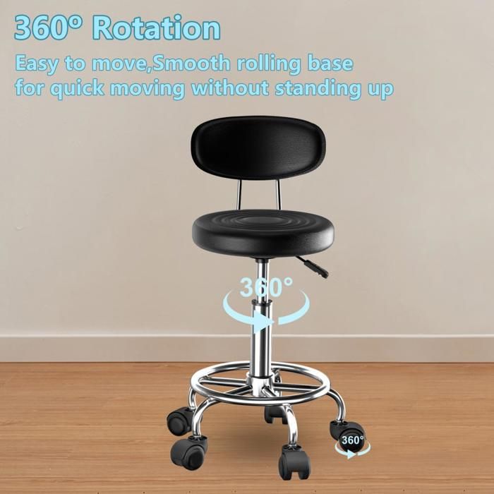 Tabouret de travail chaise de bureau sur roulettes en pvc noir et acier