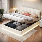 TANANT Lit coffre 140x190 cm, lit adulte avec sommier à lattes et coffre de rangement, lit double avec LED intégrée, Tissu velours, Beige