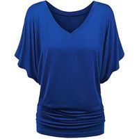 Tee Shirt Femme Été  À pour Femme Grande Taille Femmes Col en V Solide Ourlet Manches Lâche Chauve-Souris T-Shirt Bleu