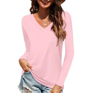 T-SHIRT T-Shirt Femme Col En V Manches Longues Casual Tee Shirt Coton Couleur Unie Confortable - Rose